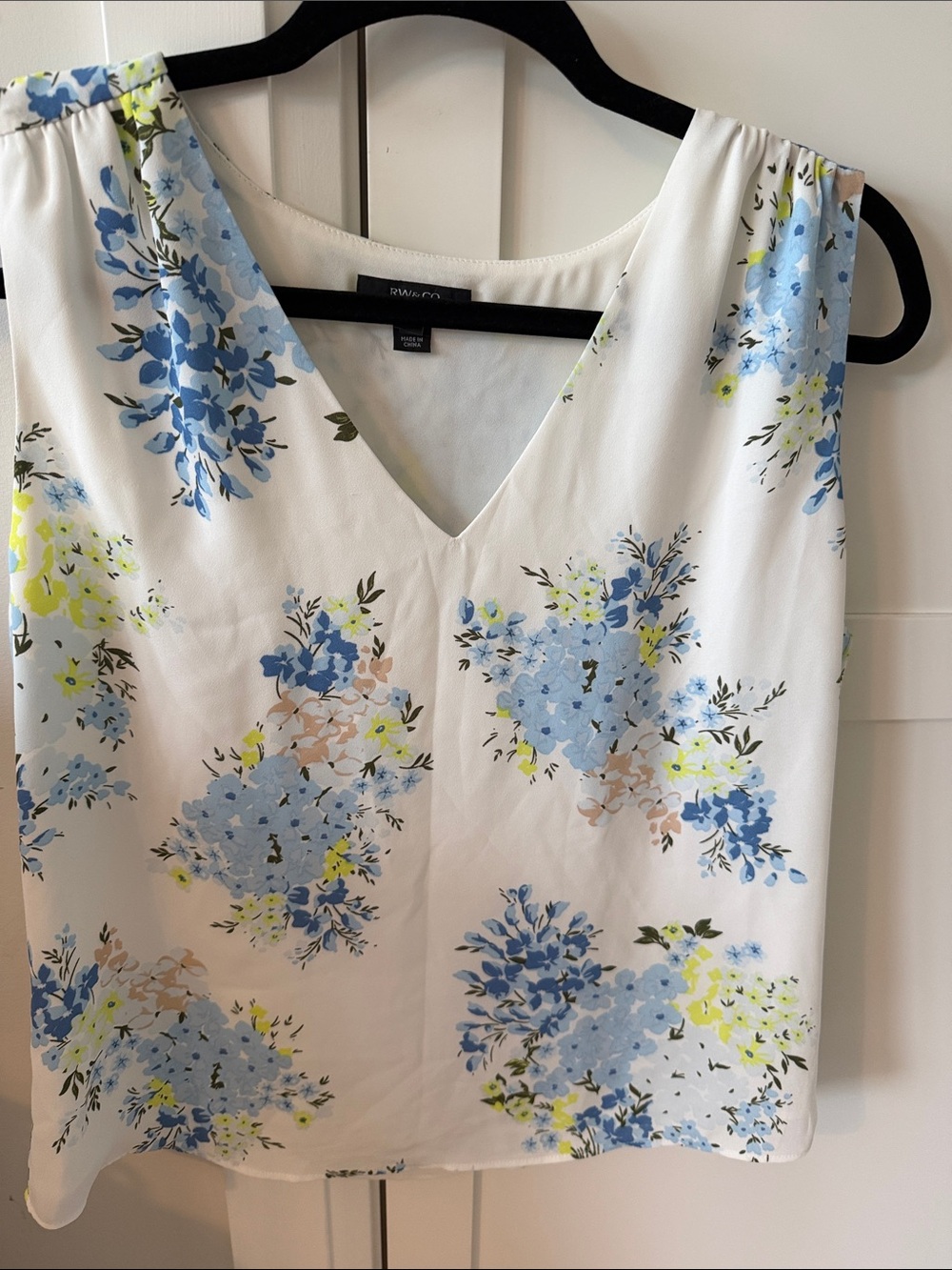 Floral V-Neck Sleeveless Tank in White with Blue and Yellow